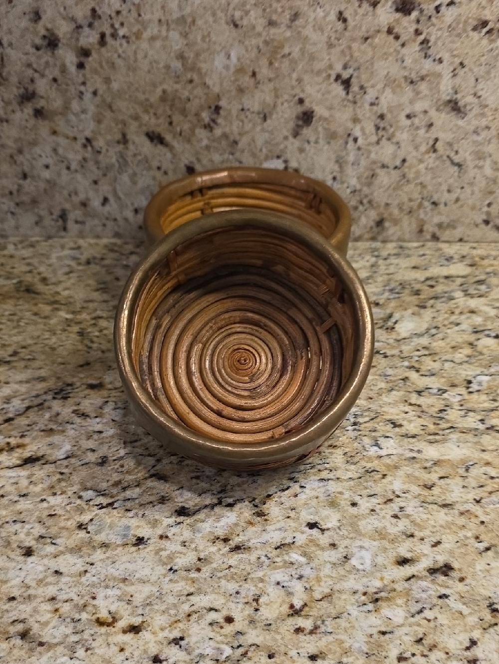 Vintage Rattan & Brass Wine Bottle Coaster Holder Mid Century Boho BarwareVintag